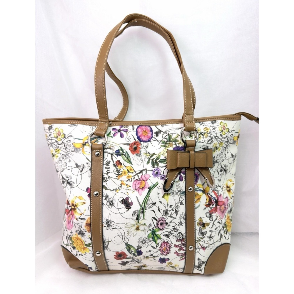 Floral Print Tote Bag Bow Accent Shoulder Handbag Multicolor Faux Leather Large
